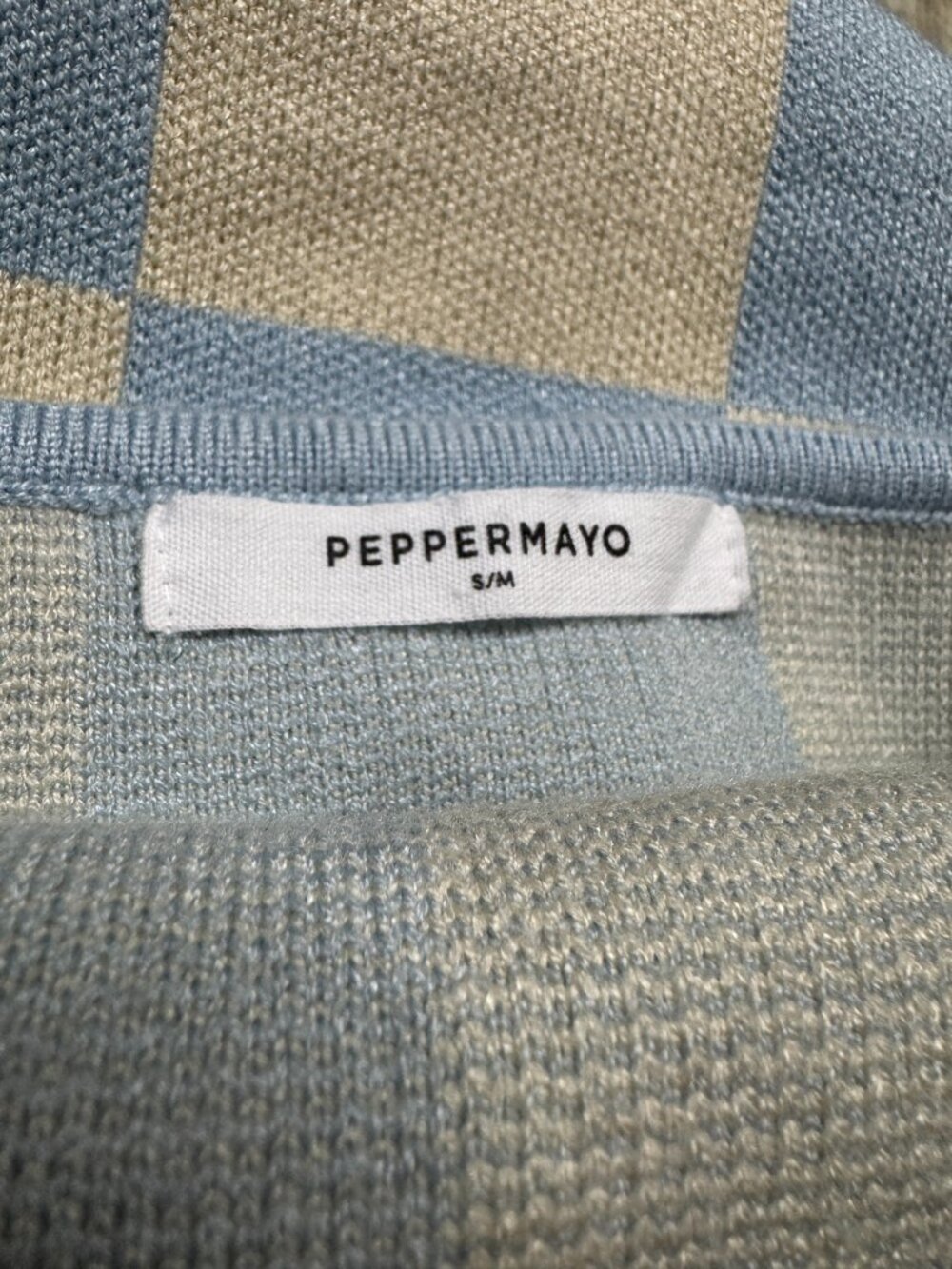Peppermayo Blue Cream Checkerboard Halter Mini Dress Knit Open Back S/M - Picture 5 of 7